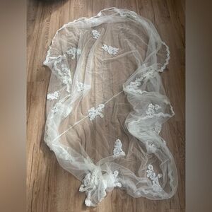 Elegant Spanish Sheer off White Lace Veil fabric with crystals beading wedding